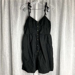 Aerie black mini dress with tie shoulder straps and button front linen style